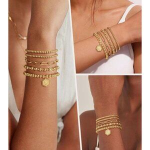 14K Gold Plated Beaded Bracelets - Strand Bead Bracelet Set with Name Letter